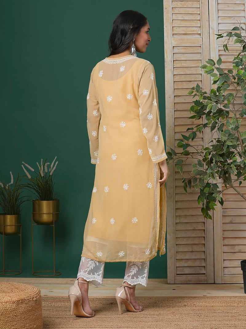 Ada Hand Embroidered Indian Chikankari Women's Georgette Kurti Kurta with Slip A90352,XS, Fawn - Image 2